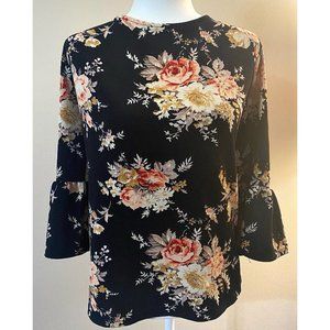 Black Floral Bell-Sleeve Top